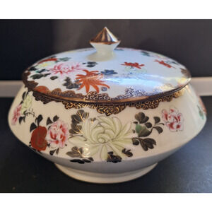Vintage Covered Dish w/Lid Foral Butterflies Hand painted Marked 5"